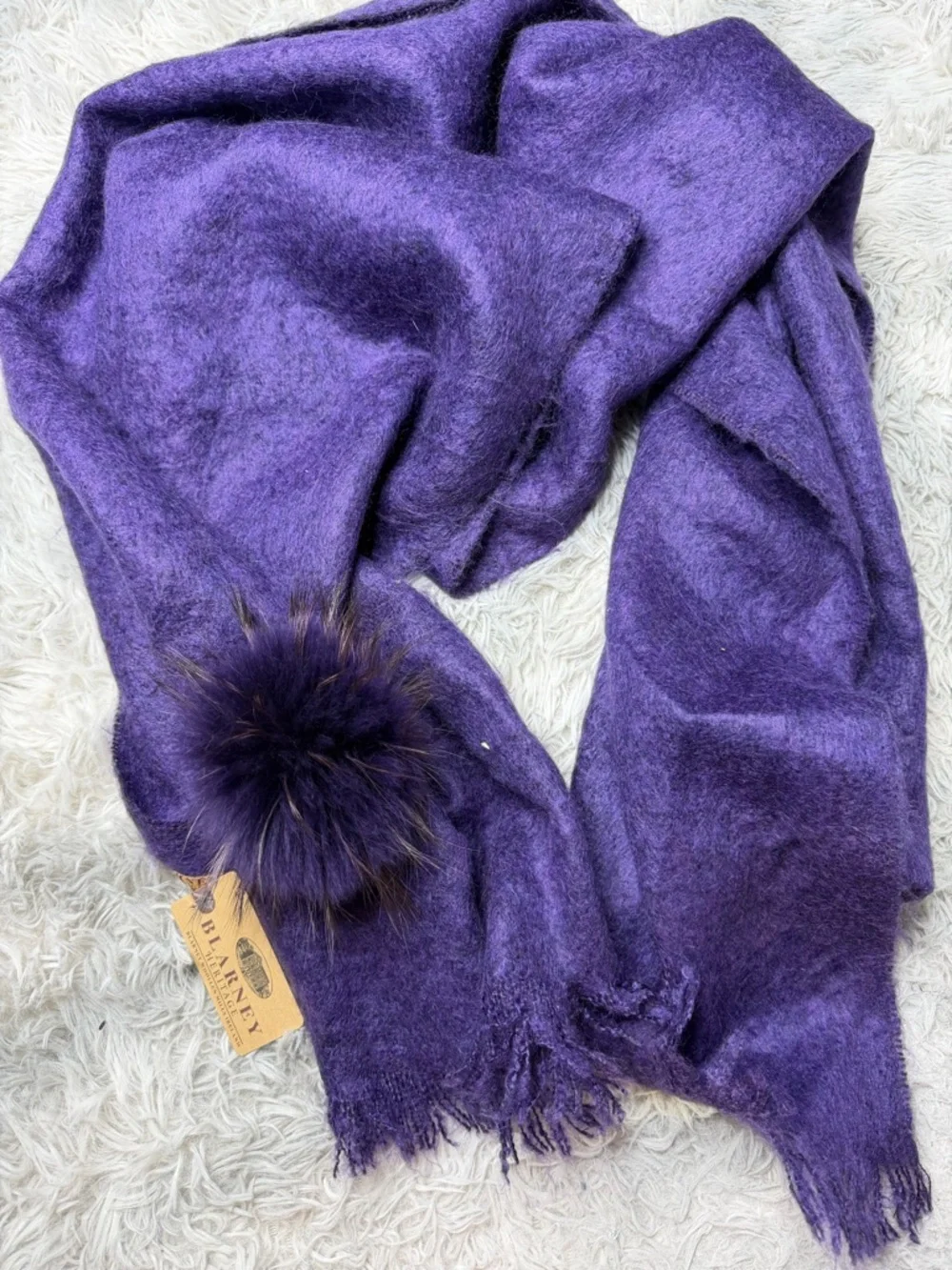Blarney Woolen Mills Blarney Heritage Purple Mohair Blend Scarf Pom Fringe NWT